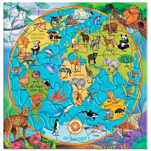 Пазл фигурный на подложке Карта мира. Животные, 80 деталей
