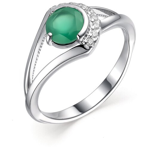 Ювелирное кольцо алькор из родированного серебра c агатом зеленым и кристаллами