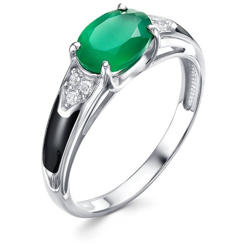 Ювелирное кольцо алькор из родированного серебра c агатом зеленым и эмалью