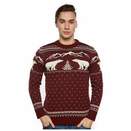 Шерстяной свитер, классический скандинавский орнамент Медведи, елки, горы, натуральная шерсть, бордовый цвет, размер M