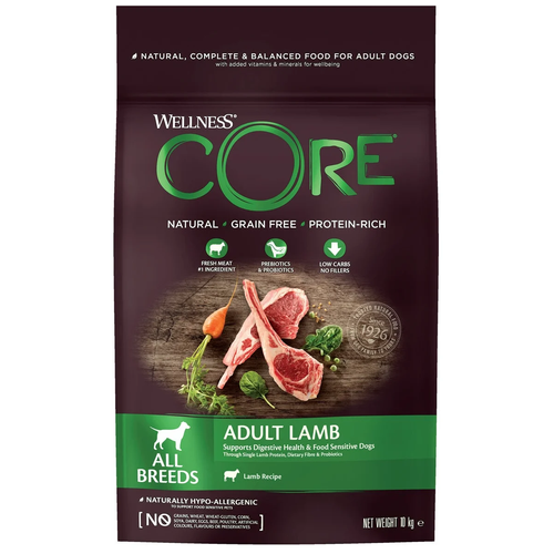 Сухой корм для собак Wellness Core, беззерновой, при чувствительном пищеварении, ягненок с яблоком 10 кг