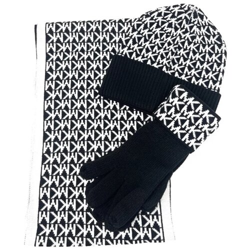 Набор MICHAEL KORS шапка, шарф и перчатки черный с белым лого MICHAEL KORS 3Piece Set Knit Scarf, Hat  Gloves MK LOGO Black White