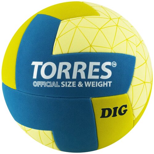 Мяч волейбольный TORRES Dig арт. V22145, р.5, синтетическая кожа ТПЕ), клееный, бутиловая камера , горчичнобирюзовобежевый