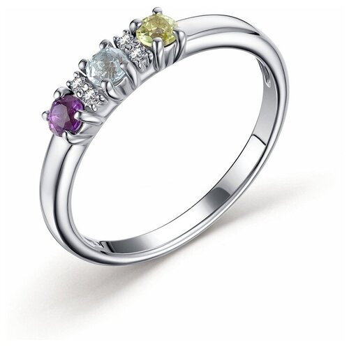Ювелирное кольцо алькор из родированного серебра c аметистом, хризолитом, топазом sky blue и шпинелями белыми