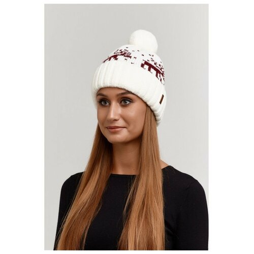 Женская зимняя шапка с помпоном флисовый подклад скандинавский узор Олени молочно бордовый цвет