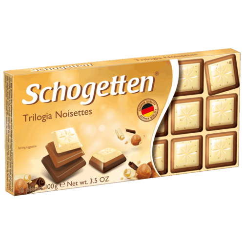 Шоколад Schogetten Trilogia Noisettes белый с грильяжем и фундукоммолочный с джандуеймолочный порционный, 100 г, набор из 3х штук
