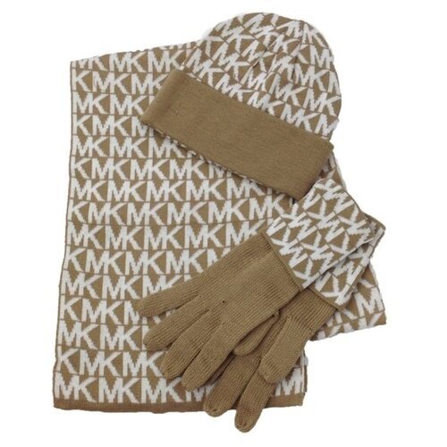 Сет Michael Kors шапка, перчатки и шарф желтокоричневый в монограмму Cream  White 3Piece Set Knit Scarf, Hat  Gloves