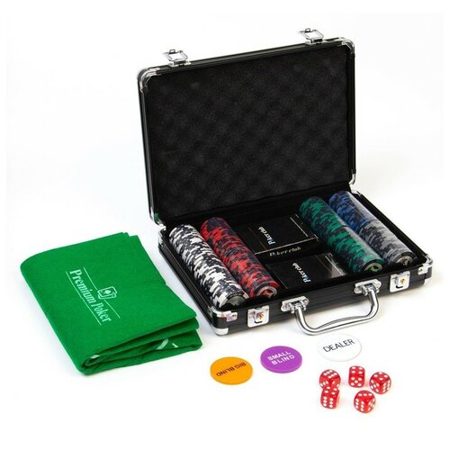 Покер в черном кейсе 200 фишек, 5 кубиков, 2 колоды карт), с номиналом, 41 x 35 см