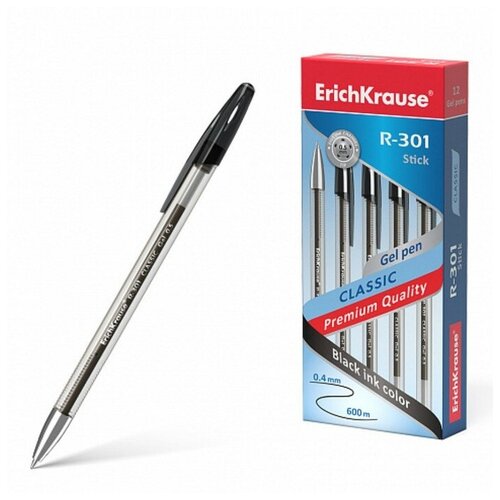 Ручка гелевая ErichKrause, R301 Classic Gel Stick, узел 0,5мм, чернила черные, длина линии письма 600 метров