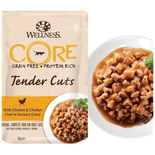 Корм Wellness CORE Tender Cuts в соусе) для кошек, курица с печенью, 85 г x 24 шт