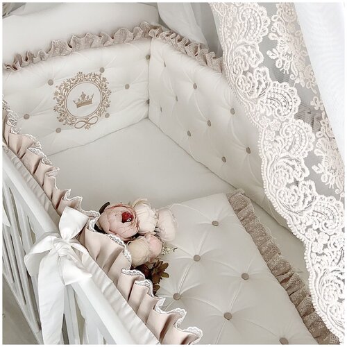 Бортики в детскую кроватку для новорожденного Облако, бежевый, 6 подушек, в прямоугольную кроватку 12060 см или в овальную кроватку 12575 см