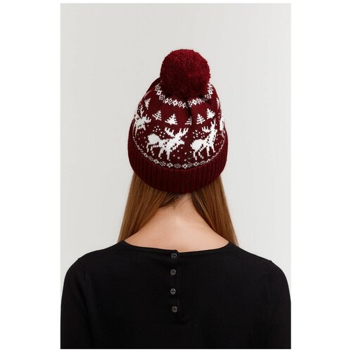 Женская зимняя шапка с помпоном флисовый подклад скандинавский узор Олени бордовый цвет