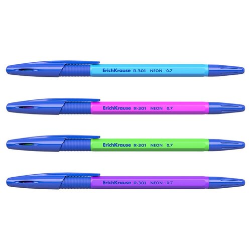Ручка шариковая Erich Krause R301 Neon Stick  Grip, узел 0.7 мм, чернила синие, 5 штук набор