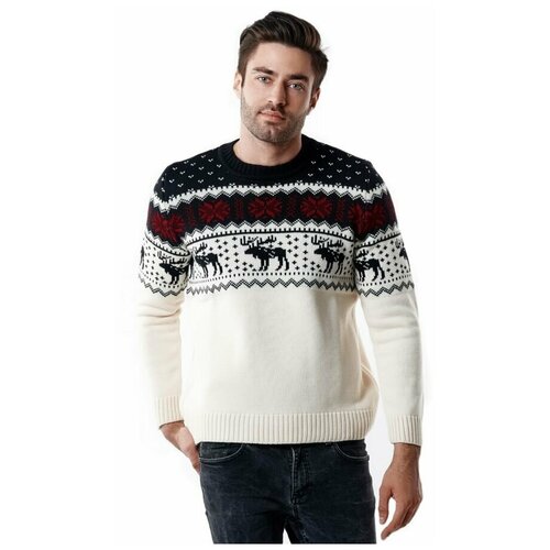 Шерстяной свитер, классический скандинавский орнамент северные Олени и снежинки, натуральная шерсть, белый цвет, размер M