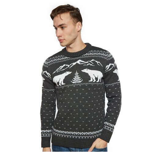 Шерстяной свитер, классический скандинавский орнамент, рисунок медведи и елки, натуральная шерсть, серый цвет, размер L