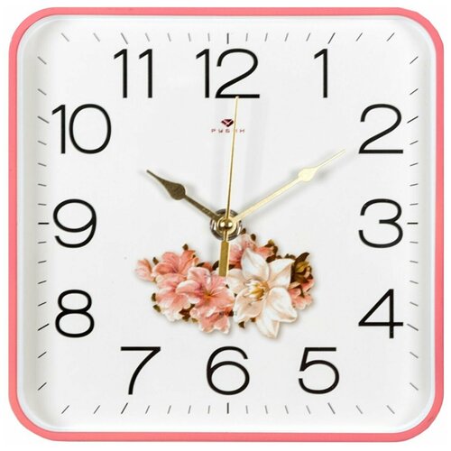 Часы настенные квадратные Рубин Лилии для кухни спальни с плавным ходом большими арабскими цифрами циферблат с рисунком корпус пластик, ширина 19 см