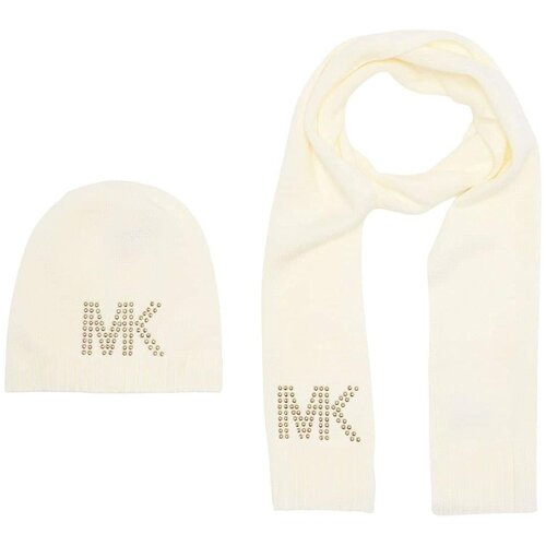 Сет Michael Kors молочный шапка и шарф с лого буквами МК стразами на шапке и шарфе Access Studded Logo MufflerBeanie Set ivory