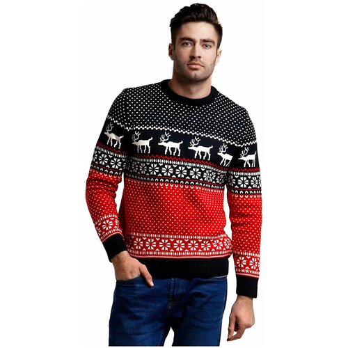 Шерстяной свитер, классический скандинавский орнамент с Оленями и снежинками, натуральная шерсть, красный, черный цвет, размер M
