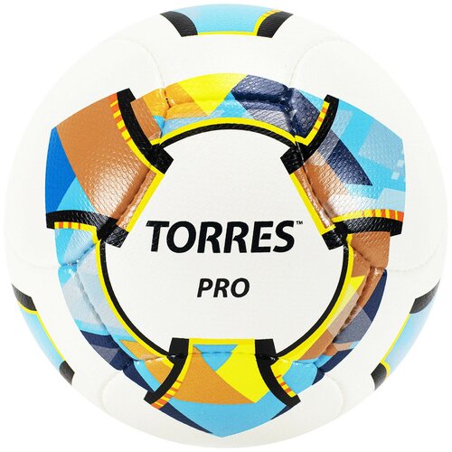 Мяч футбольный TORRES Pro, размер 5, 14 панелей, PU, 4 подкладочных слоя, ручная сшивка, цвет белыйсинийжлтый