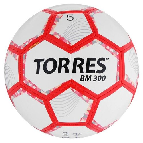TORRES Мяч футбольный TORRES BM 300, размер 5, 28 панелей, глянцевый TPU, 2 подкладочных слоя, машинная сшивка, цвет белыйсеребряныйкрасный