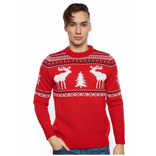 Шерстяной свитер, классический скандинавский орнамент с Лосями и елками, натуральная шерсть, красный, синий, белый цвет, размер S