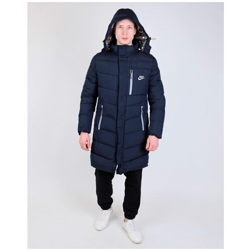 NIKE Куртка мужская зимняя утепленная Nike, удлиненная, темносиняя, с капюшоном, размер 50 маломер)