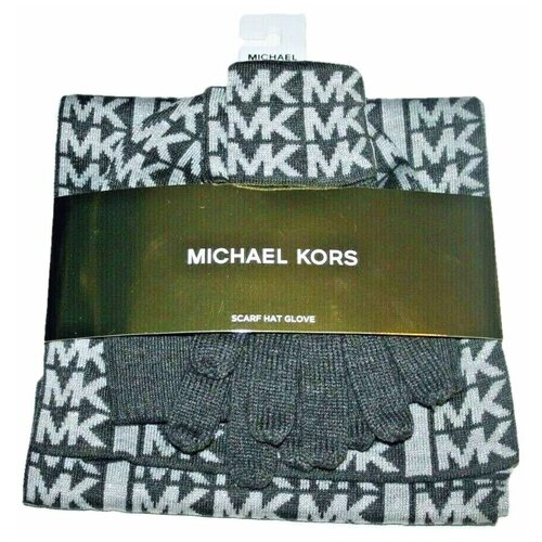 Сет Michael Kors шапка, шарф и перчатки серые в серебристую монограмму